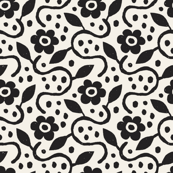 black, white, cream, doodle pattern, skulls, flowers, leaves, whimsical, playful, hand-drawn style, quirky, scattered dots, organic shapes, repeating pattern,, fabric panel, modern design, artistic motifs, folk art inspired, monochrome