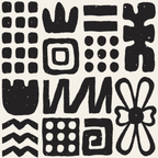 black, white, monochrome, doodles, geometric shapes, abstract patterns, squares, circles, rectangles, hand-drawn style, modern art, contemporary design,, fabric panel, craft material, sewing fabric, block printing style, minimalist, artistic motifs, playful designs