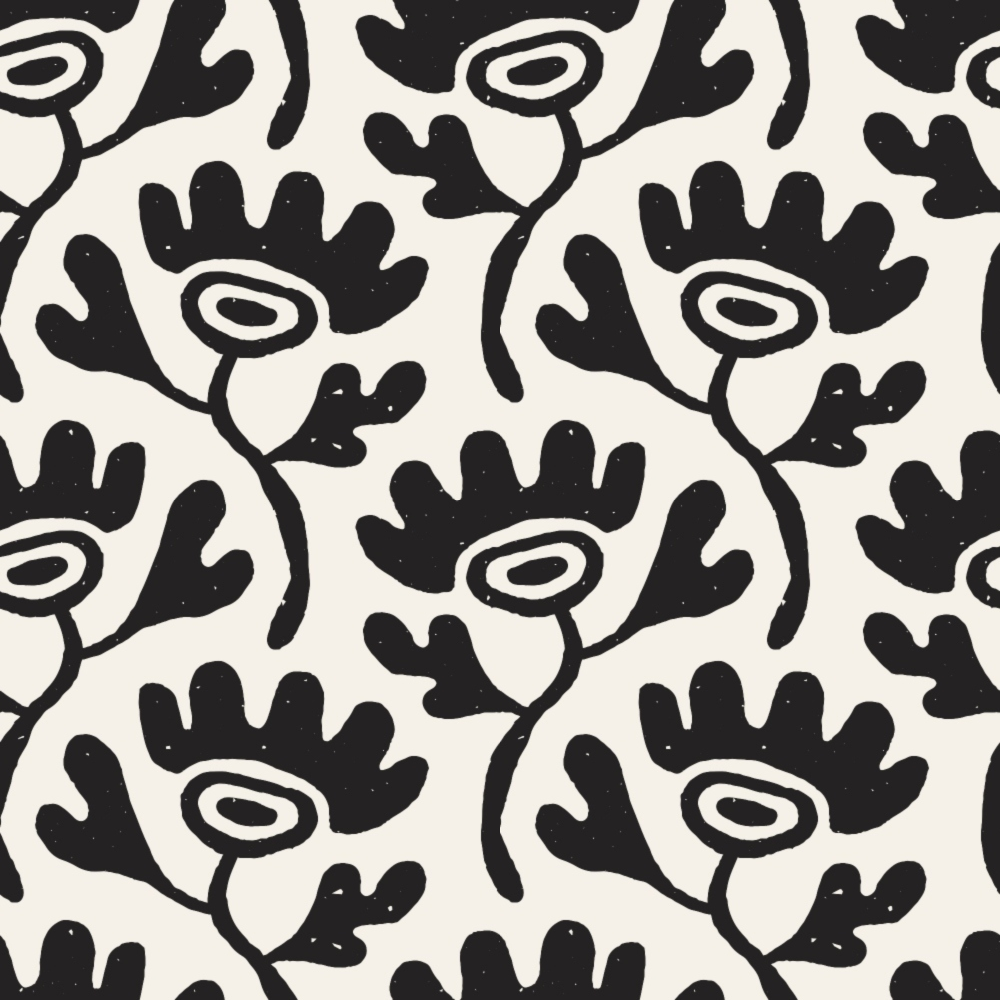 black and white, monochrome, doodle pattern, abstract florals, hand drawn style, sketchy design, organic shapes, botanical motifs, whimsical flowers, repeating pattern,, fabric panel, modern design, contemporary style, minimalist palette, artistic print, casual aesthetic, crafting material, sewing fabric, geometric elements