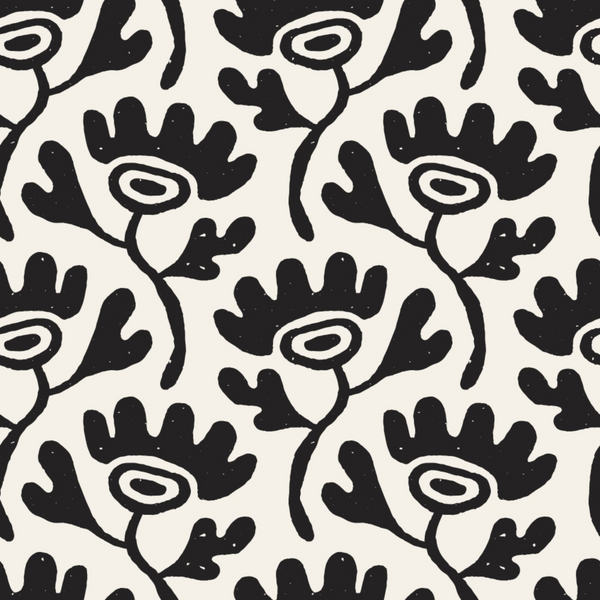 black and white, monochrome, doodle pattern, abstract florals, hand drawn style, sketchy design, organic shapes, botanical motifs, whimsical flowers, repeating pattern,, fabric panel, modern design, contemporary style, minimalist palette, artistic print, casual aesthetic, crafting material, sewing fabric, geometric elements