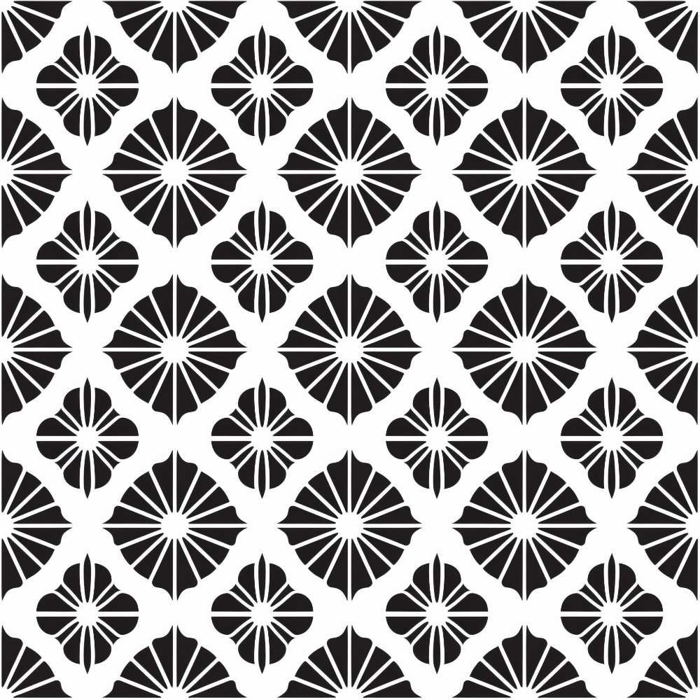 Black and white geometric pattern featuring fan-like shapes arranged in a repeating diamond grid.