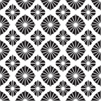Black and white geometric pattern featuring fan-like shapes arranged in a repeating diamond grid.