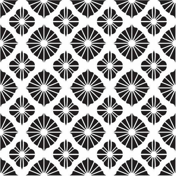Black and white geometric pattern featuring fan-like shapes arranged in a repeating diamond grid.