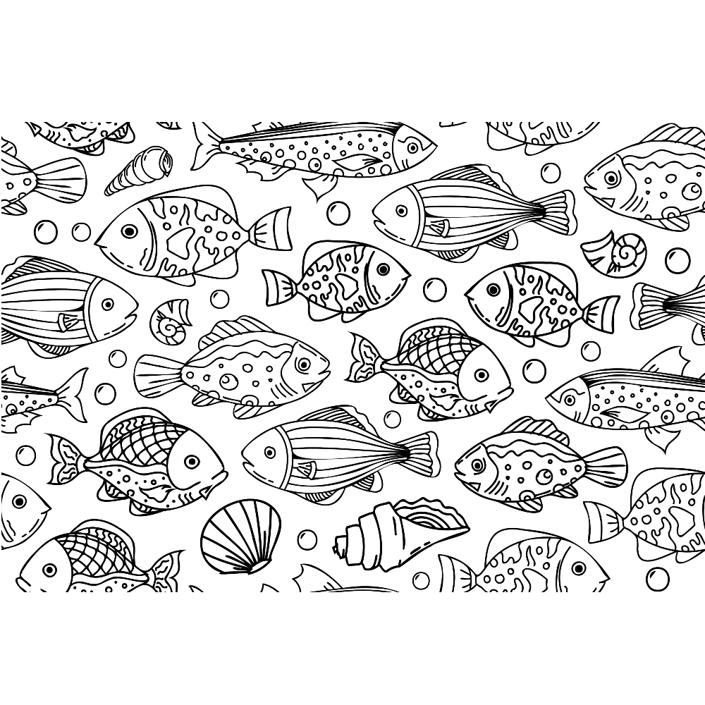 black and white, monochrome, hand drawn, fish pattern, ocean creatures, sea life, tropical fish, marine animals, shells, bubbles, line art, sketch style, whimsical illustration,, fabric panel, underwater theme, aquatic design, swimming fish, coral reef fish, nautical pattern