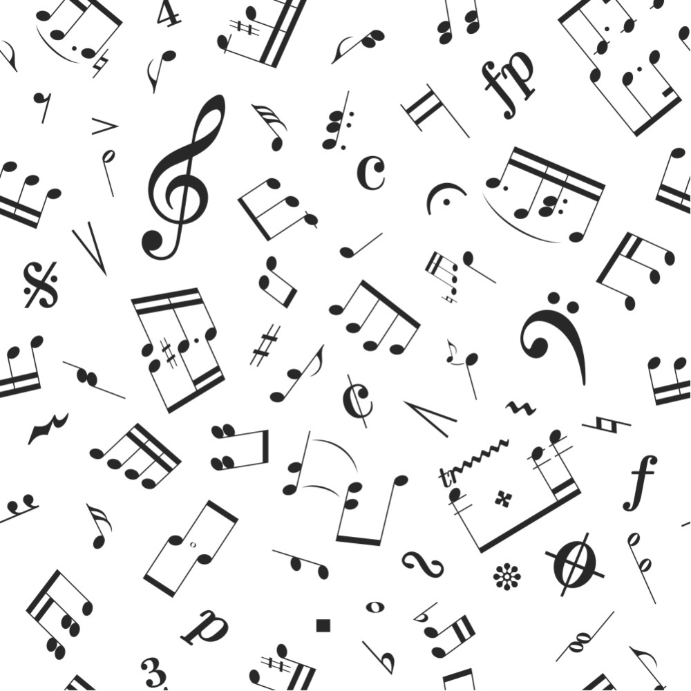 A seamless pattern of diverse musical notes and symbols scattered randomly on a white background.