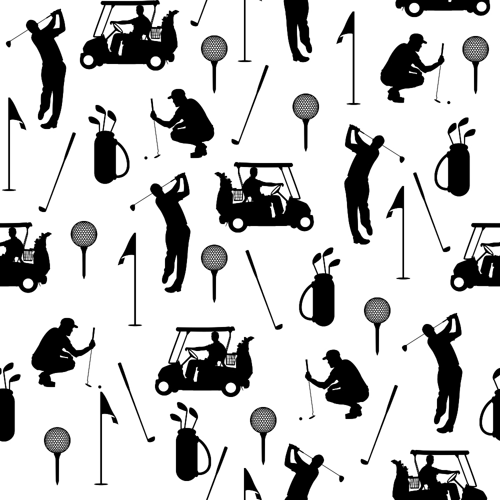 black, white, silhouette, golf, golfer, golf cart, golf clubs, golf bag, golf ball, tee, flag, sports, recreation,, fabric panel, monochrome, athletic, leisure activity, repeating pattern, scattered design