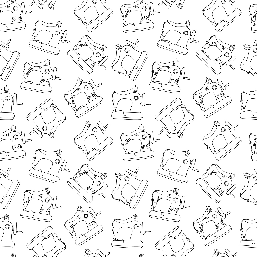 black and white, vintage sewing machines,, fabric panel, line art, outline drawings, sewing equipment, craft theme, monochrome pattern, repeating motif, antique machines, sewing notions, crafting supplies, white background, black outlines, vintage style, sewing room, quilting fabric, cotton material, craft pattern