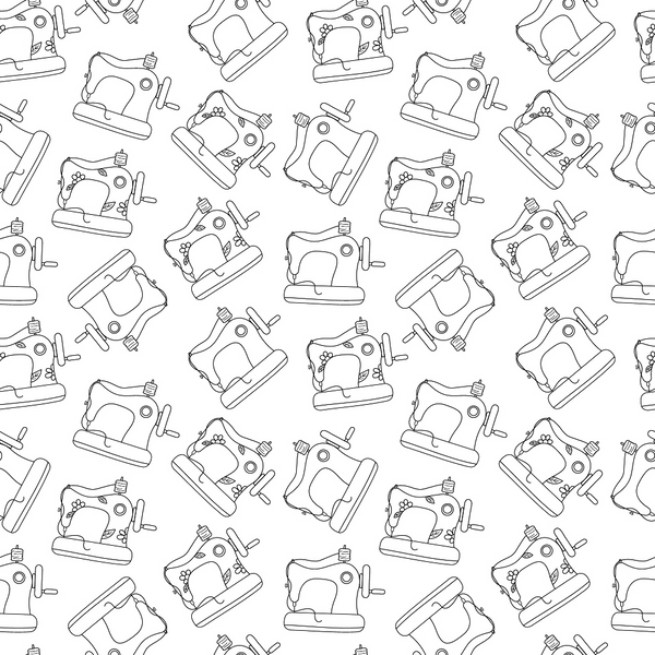 black and white, vintage sewing machines,, fabric panel, line art, outline drawings, sewing equipment, craft theme, monochrome pattern, repeating motif, antique machines, sewing notions, crafting supplies, white background, black outlines, vintage style, sewing room, quilting fabric, cotton material, craft pattern