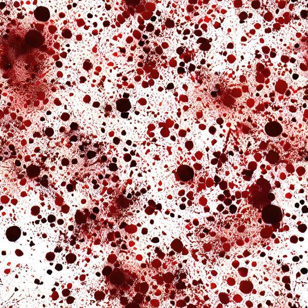 blood red, crimson, dark burgundy, white background, spatter pattern, splatter design, droplets, stains, forensic theme, crime scene, halloween fabric, horror aesthetic, gothic style, realistic blood, medical theme,, fabric panel, dramatic pattern, macabre design, specialty print