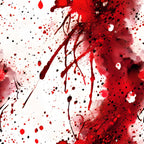 red, crimson, burgundy, black, white, blood spatter, splatter pattern, drips, stains, abstract design, horror theme, halloween fabric, gothic style, dramatic, intense,, fabric panel, spooky, dark aesthetic, paint splashes