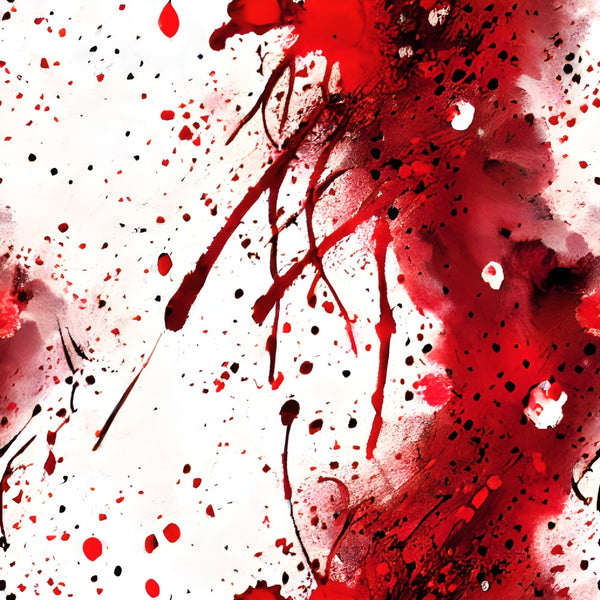 red, crimson, burgundy, black, white, blood spatter, splatter pattern, drips, stains, abstract design, horror theme, halloween fabric, gothic style, dramatic, intense,, fabric panel, spooky, dark aesthetic, paint splashes