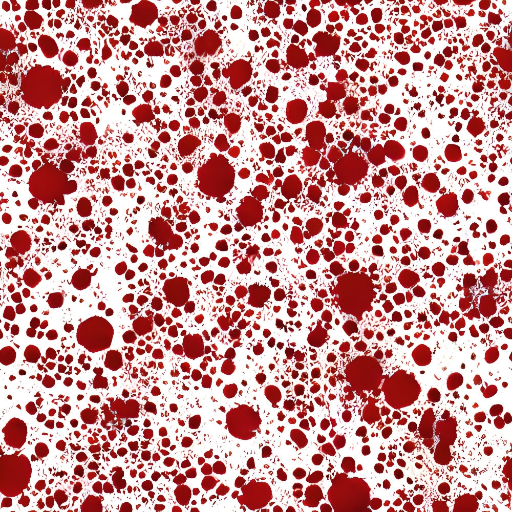blood red, crimson, white background, spatter pattern, splatter design, droplets, stains, halloween fabric, horror theme, gothic style,, fabric panel, medical theme, forensic pattern, dramatic contrast, irregular spots, scattered design, creepy aesthetic, specialty print