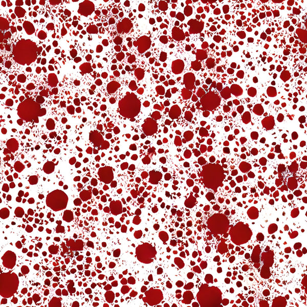 blood red, crimson, white background, spatter pattern, splatter design, droplets, stains, halloween fabric, horror theme, gothic style,, fabric panel, medical theme, forensic pattern, dramatic contrast, irregular spots, scattered design, creepy aesthetic, specialty print