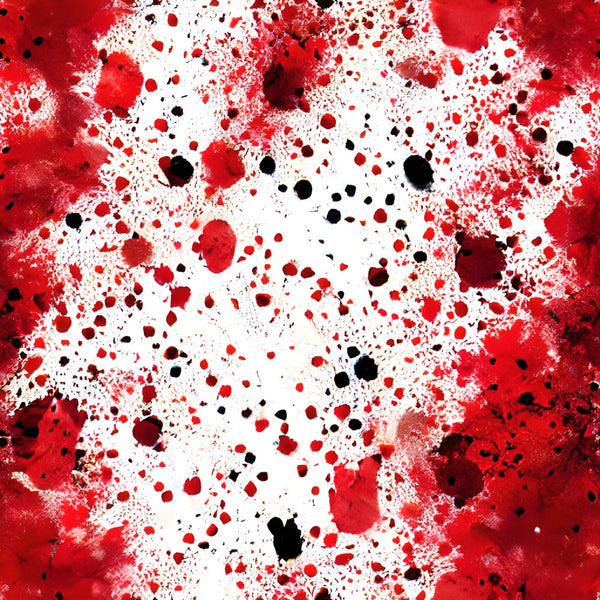 blood spatter, red splashes, black dots, white background, crime scene, forensic pattern, splatter design, horror theme, gothic fabric,, fabric panel, dramatic contrast, abstract splatters, dark aesthetic, halloween fabric, macabre design, droplet pattern, intensity, stark colors