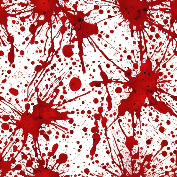 crimson red, white background, blood spatter, splatter pattern, drips, droplets, horror theme, gothic style, halloween fabric,, fabric panel, dramatic contrast, abstract splashes, spooky design, theatrical prop, costume fabric, dark aesthetic, punk style, edgy pattern