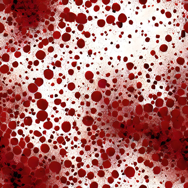 crimson red, deep red, white background, blood spatter, splatter pattern, droplet design, gothic style, horror theme, halloween fabric,, fabric panel, dramatic pattern, textured drops, scattered circles, macabre design, dark aesthetic, specialty print, novelty fabric