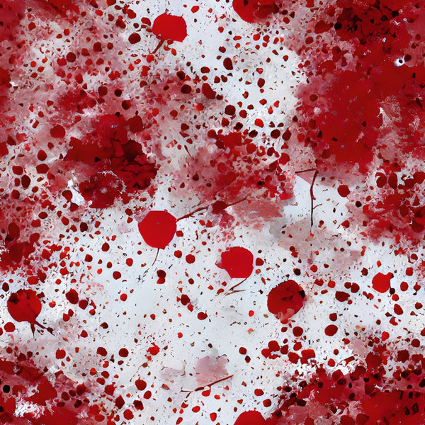red, crimson, white, blood spatter, splatter pattern, drips, drops, stains, horror themed, halloween, gothic, dramatic, intense, realistic, cotton fabric, quilting panel, dark red, bright red, messy texture, grunge style
