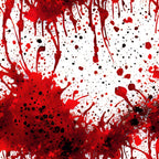 blood red, crimson, white background, black accents, spatter pattern, splatter design, drips, droplets, horror theme, gothic style, halloween fabric,, fabric panel, dramatic pattern, abstract design, dark red, burgundy, paint splashes, textured appearance, edgy aesthetic