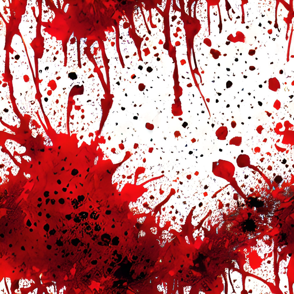 blood red, crimson, white background, black accents, spatter pattern, splatter design, drips, droplets, horror theme, gothic style, halloween fabric,, fabric panel, dramatic pattern, abstract design, dark red, burgundy, paint splashes, textured appearance, edgy aesthetic