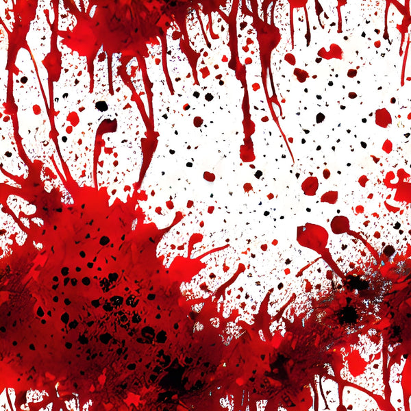 blood red, crimson, white background, black accents, spatter pattern, splatter design, drips, droplets, horror theme, gothic style, halloween fabric,, fabric panel, dramatic pattern, abstract design, dark red, burgundy, paint splashes, textured appearance, edgy aesthetic