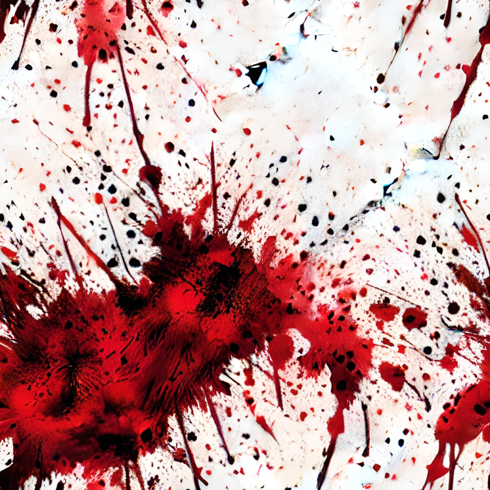 blood spatter, red splashes, crimson drops, black dots, white background, abstract pattern, dripping effect, splatter design, horror theme, gothic style, halloween fabric,, fabric panel, dramatic contrast, paint splashes, forensic pattern, dark aesthetic, spooky motif, theatrical design, crimson stains