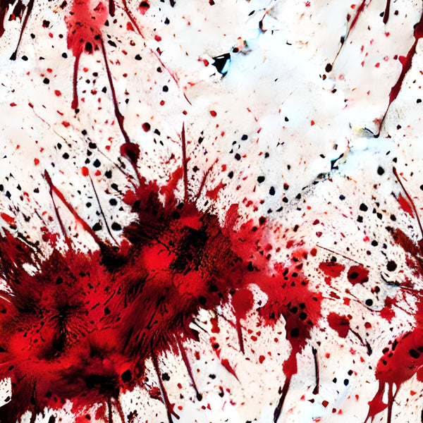 blood spatter, red splashes, crimson drops, black dots, white background, abstract pattern, dripping effect, splatter design, horror theme, gothic style, halloween fabric,, fabric panel, dramatic contrast, paint splashes, forensic pattern, dark aesthetic, spooky motif, theatrical design, crimson stains