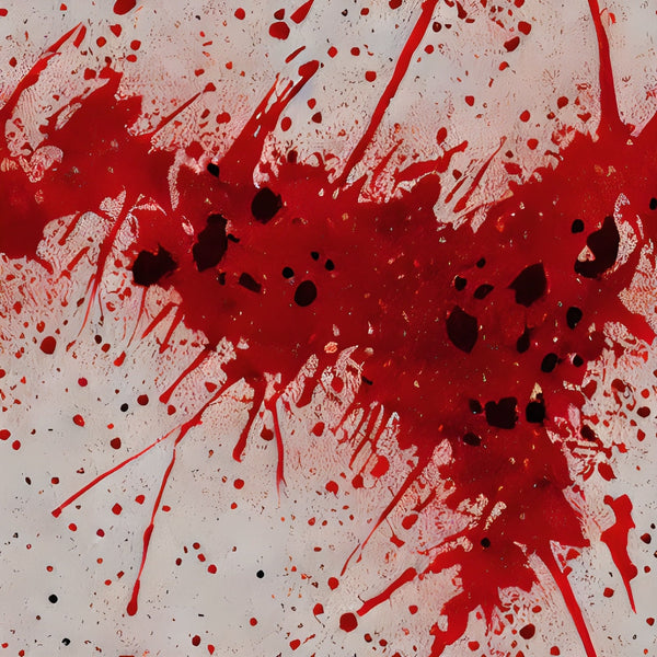 blood spatter, red splashes, crimson droplets, white background, horror theme, gothic pattern, dramatic splatter, dark red stains, macabre design, halloween fabric, spooky motif,, fabric panel, theatrical blood, crime scene pattern, horror movie inspired, visceral artwork, stark contrast, splashing effect