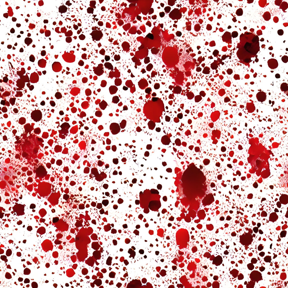 red, crimson, burgundy, maroon, white, blood splatter, droplets, spatter pattern, abstract design, horror theme, halloween fabric, gothic style, dramatic pattern, splashes, stains,, fabric panel, spooky design, theatrical print, irregular spots