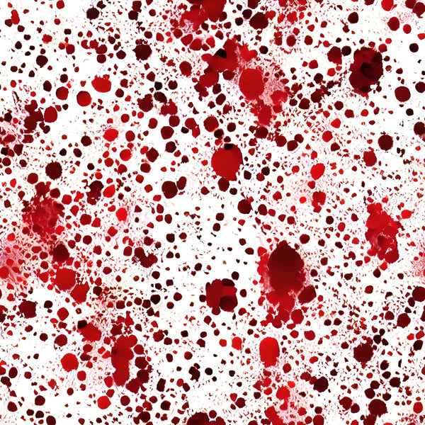 red, crimson, burgundy, maroon, white, blood splatter, droplets, spatter pattern, abstract design, horror theme, halloween fabric, gothic style, dramatic pattern, splashes, stains,, fabric panel, spooky design, theatrical print, irregular spots
