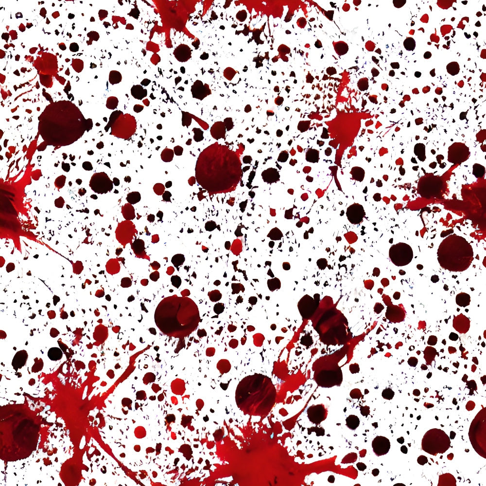 blood spatter, crimson red, dark burgundy, white background, splatter pattern, droplets, stains, horror theme, gothic style, halloween fabric, spooky design, forensic pattern, dramatic contrast,, fabric panel, macabre motif, theatrical prop, costume fabric, creepy aesthetic, scattered drops