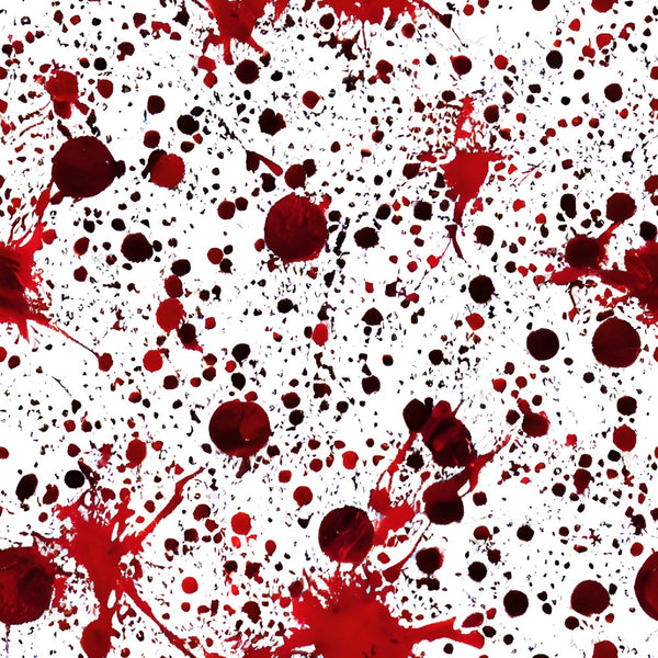 blood spatter, crimson red, dark burgundy, white background, splatter pattern, droplets, stains, horror theme, gothic style, halloween fabric, spooky design, forensic pattern, dramatic contrast,, fabric panel, macabre motif, theatrical prop, costume fabric, creepy aesthetic, scattered drops