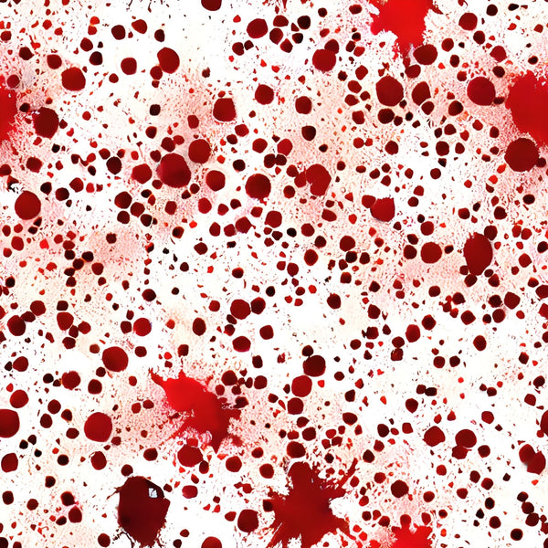 crimson red, dark red, white background, blood spatter, splatter pattern, droplets, abstract design, horror theme, halloween fabric, gothic style, dramatic pattern,, fabric panel, spooky design, red splatters, irregular spots, textured appearance, novelty print, themed fabric