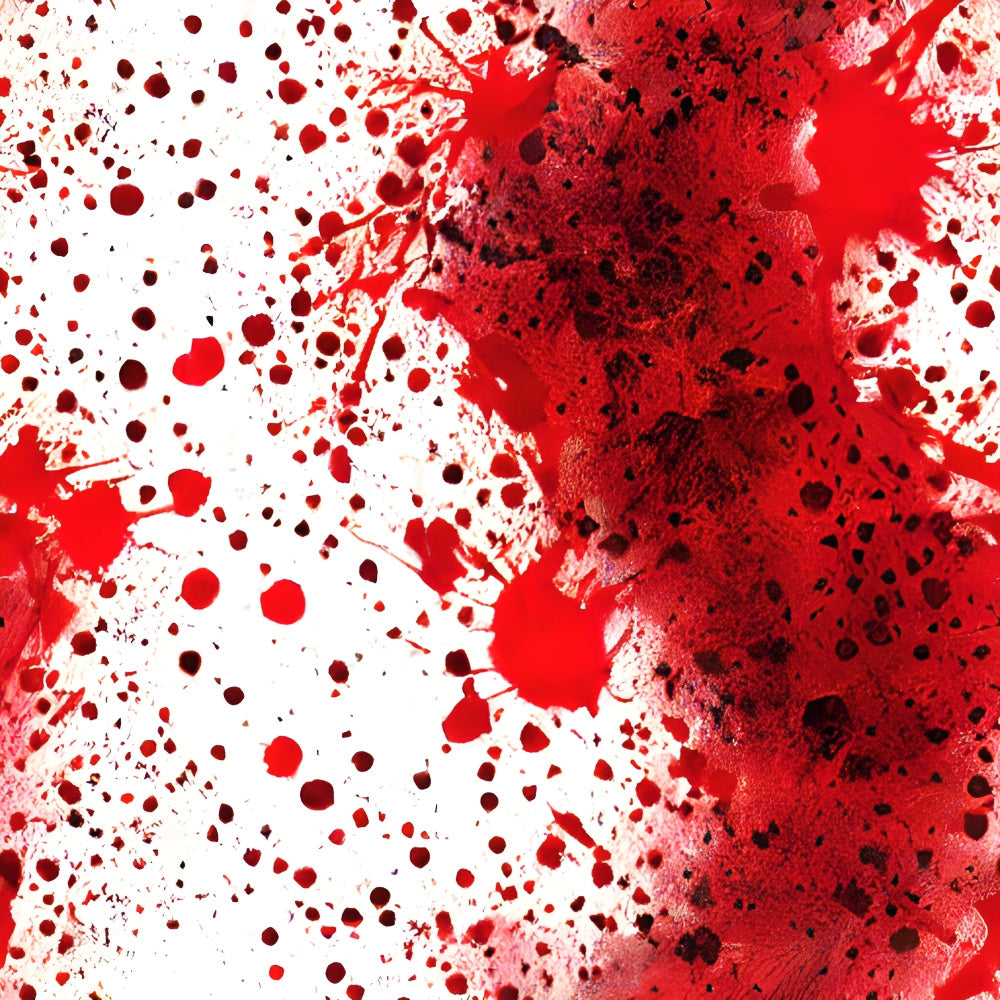 red, crimson, white, blood splatter, spatter pattern, droplets, splatters, gothic, horror themed, halloween, dramatic,, fabric panel, abstract pattern, textured design, dark red, bright red, splashes, stains, theatrical