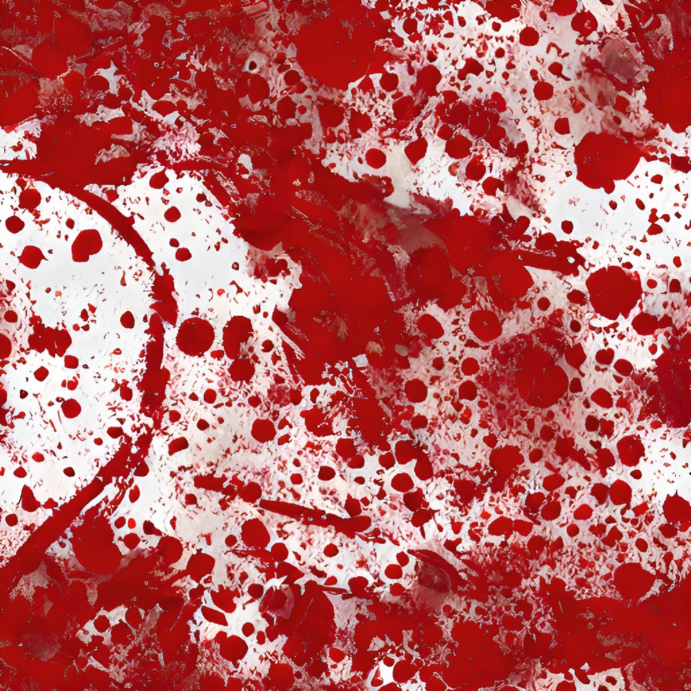 red, crimson, white, blood spatter, splatter pattern, gore, horror theme, halloween fabric, spooky design, theatrical prop, cotton fabric, quilting panel, dramatic pattern, scary motif, splashes, droplets, macabre style, costume fabric, special effects pattern