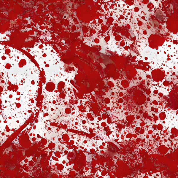 red, crimson, white, blood spatter, splatter pattern, gore, horror theme, halloween fabric, spooky design, theatrical prop, cotton fabric, quilting panel, dramatic pattern, scary motif, splashes, droplets, macabre style, costume fabric, special effects pattern