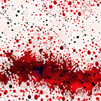 crimson red, deep red, black, white, blood spatter, splatter pattern, drips, drops, stains, gothic, horror theme, halloween, spooky, dark aesthetic,, fabric panel, realistic texture, dramatic, intense, theatrical