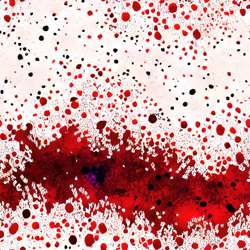 crimson red, deep red, black, white, blood spatter, splatter pattern, drips, drops, stains, gothic, horror theme, halloween, spooky, dark aesthetic,, fabric panel, realistic texture, dramatic, intense, theatrical