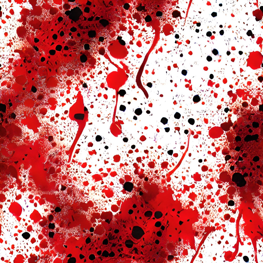 blood spatter, red splashes, black dots, white background, crimson red, scarlet, gore pattern, horror theme, halloween fabric, splatter design, dripping effect, macabre style,, fabric panel, spooky motif, theatrical blood, paint splashes, abstract splatters, dark red, burgundy accents