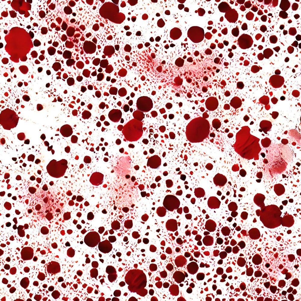 crimson red, dark burgundy, white background, blood spatter, droplet pattern, splatter design, horror theme, gothic style, halloween fabric,, fabric panel, realistic splashes, crime scene, spooky pattern, theatrical prop, costume fabric, macabre design, red splatters, forensic pattern