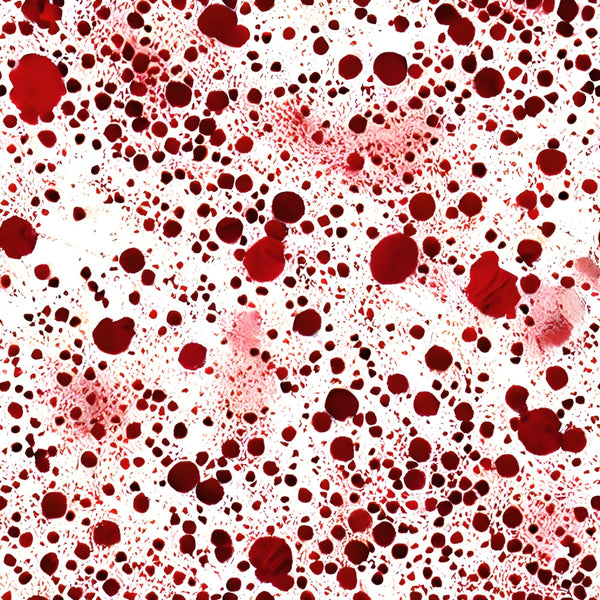 crimson red, dark burgundy, white background, blood spatter, droplet pattern, splatter design, horror theme, gothic style, halloween fabric,, fabric panel, realistic splashes, crime scene, spooky pattern, theatrical prop, costume fabric, macabre design, red splatters, forensic pattern