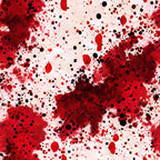 red, crimson, black, white, blood spatter, splatter pattern, droplets, stains, abstract design, gothic, horror theme, halloween, dramatic,, fabric panel, spooky, dark aesthetic, irregular spots, textured appearance, theatrical
