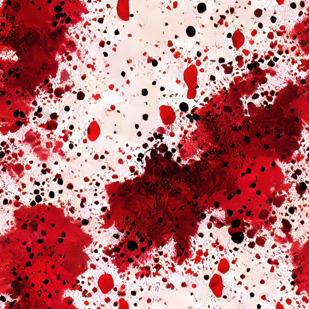 red, crimson, black, white, blood spatter, splatter pattern, droplets, stains, abstract design, gothic, horror theme, halloween, dramatic,, fabric panel, spooky, dark aesthetic, irregular spots, textured appearance, theatrical