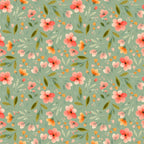sage green, coral pink, peach orange, olive green, cream white, floral pattern, blooming flowers, botanical design, watercolor style, seamless repeat,, fabric panel, spring blooms, delicate petals, leaves and stems, soft feminine, vintage inspired, coordinating colors, crafting material, romantic florals
