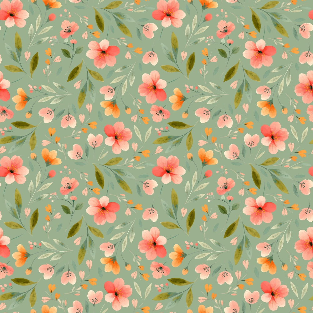 sage green, coral pink, peach orange, olive green, cream white, floral pattern, blooming flowers, botanical design, watercolor style, seamless repeat,, fabric panel, spring blooms, delicate petals, leaves and stems, soft feminine, vintage inspired, coordinating colors, crafting material, romantic florals