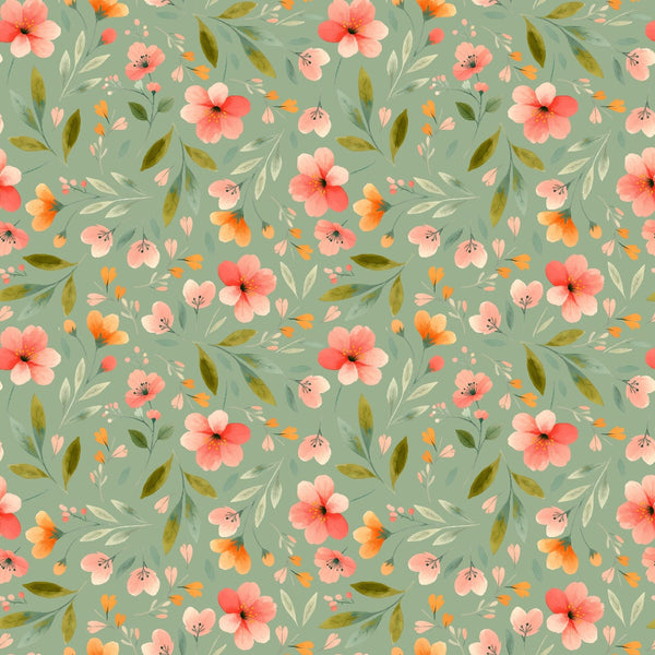 sage green, coral pink, peach orange, olive green, cream white, floral pattern, blooming flowers, botanical design, watercolor style, seamless repeat,, fabric panel, spring blooms, delicate petals, leaves and stems, soft feminine, vintage inspired, coordinating colors, crafting material, romantic florals