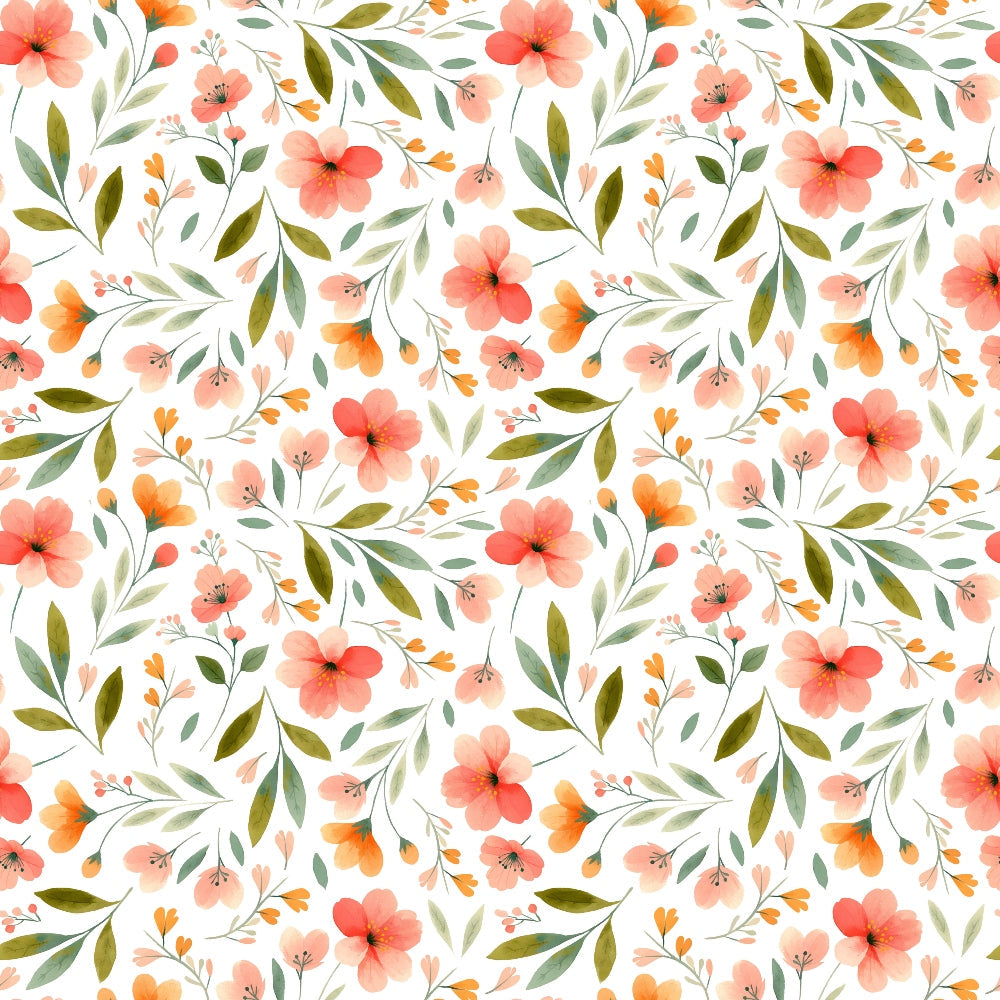 coral flowers, peach blooms, sage green leaves, olive foliage, white background, watercolor style, floral pattern, botanical design, spring flowers, delicate petals, repeating motif,, fabric panel, soft pastels, garden blooms, feminine florals, crafting material, sewing fabric, nature inspired, romantic florals