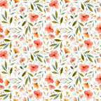 coral flowers, peach blooms, sage green leaves, olive foliage, white background, watercolor style, floral pattern, botanical design, spring flowers, delicate petals, repeating motif,, fabric panel, soft pastels, garden blooms, feminine florals, crafting material, sewing fabric, nature inspired, romantic florals
