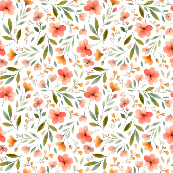 coral flowers, peach blooms, sage green leaves, olive foliage, white background, watercolor style, floral pattern, botanical design, spring flowers, delicate petals, repeating motif,, fabric panel, soft pastels, garden blooms, feminine florals, crafting material, sewing fabric, nature inspired, romantic florals