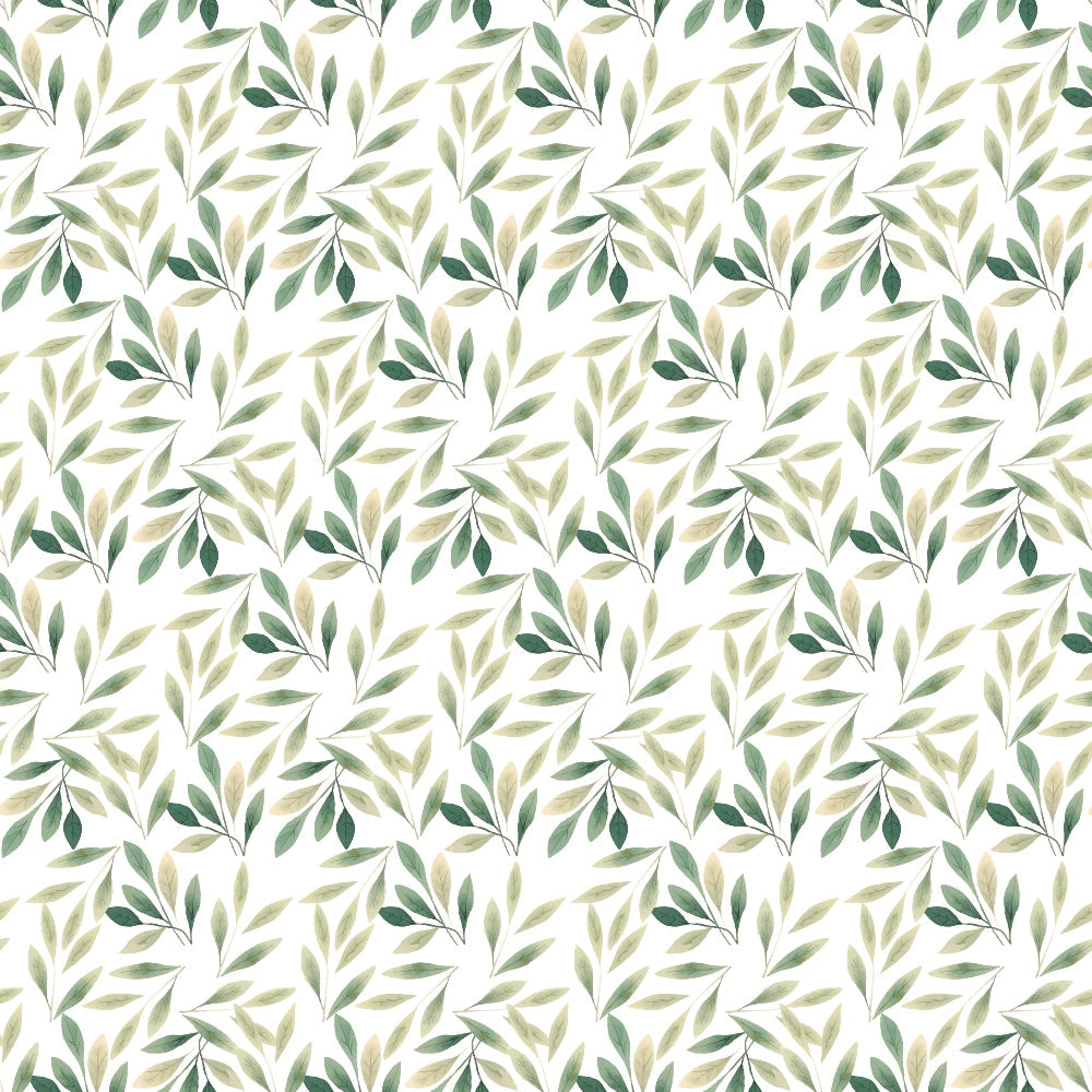 sage green, olive green, beige, cream, white, botanical leaves, branch pattern, watercolor style, nature motif, organic design, seamless repeat,, fabric panel, spring theme, foliage print, delicate branches, soft palette, natural elements, leaf clusters, flowing pattern