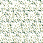 sage green, olive green, beige, cream, white, botanical leaves, branch pattern, watercolor style, nature motif, organic design, seamless repeat,, fabric panel, spring theme, foliage print, delicate branches, soft palette, natural elements, leaf clusters, flowing pattern